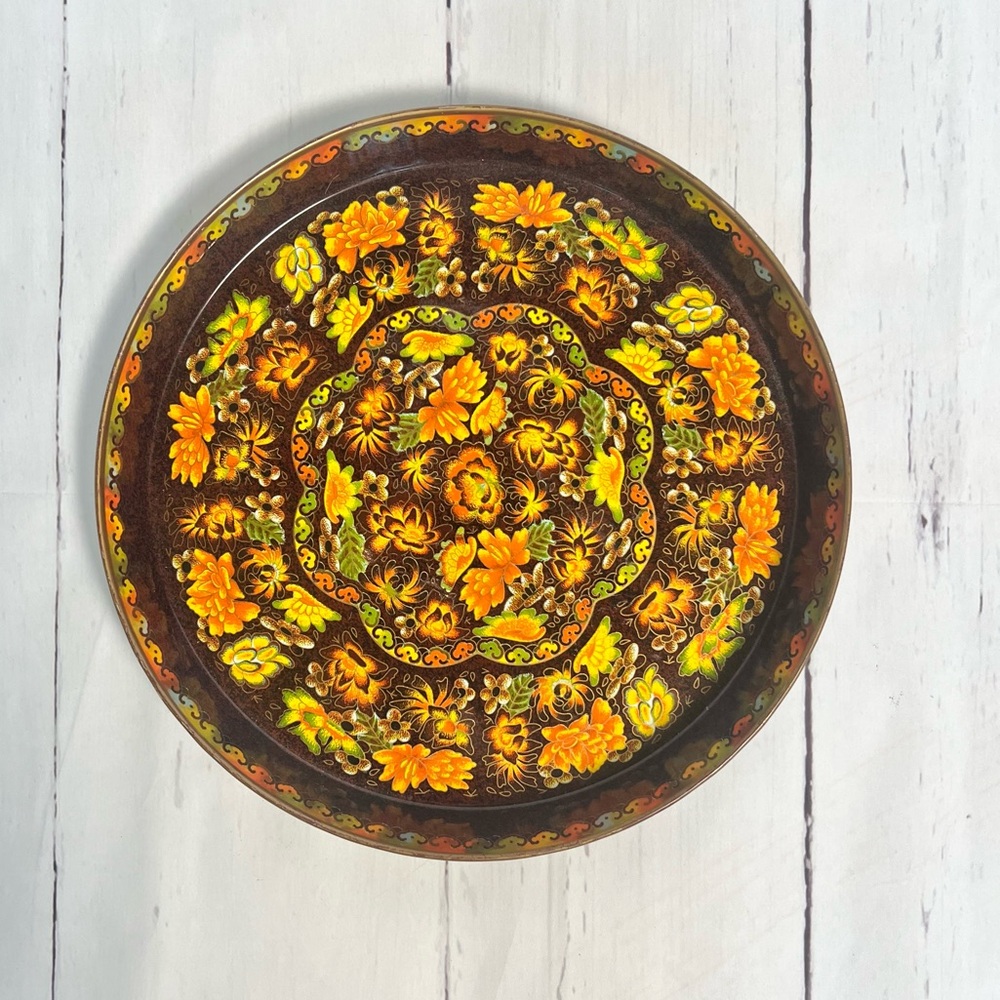Vintage Daher Decorated Ware Tin Serving Tray 12" Round Floral Metal Platter
